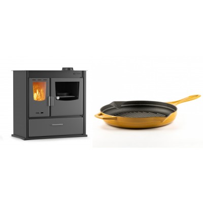 Set Küchenofen / Küchenhexe mit Backofen und Kochplatte Velmora Fire ATS ΜΑSΙΝΑ PLUS 900, 12.15kW + Emaillierte grillpfanne Gusseisen Solagio, Dijon, Ф28cm - Kaminofen - Holzofen mit Backfach