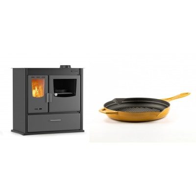 Set Küchenofen / Küchenhexe mit Backofen und Kochplatte Velmora Fire ATS ΜΑSΙΝΑ PLUS 900, 12.15kW + Emaillierte grillpfanne Gusseisen Solagio, Dijon, Ф24cm - Kaminofen - Holzofen mit Backfach