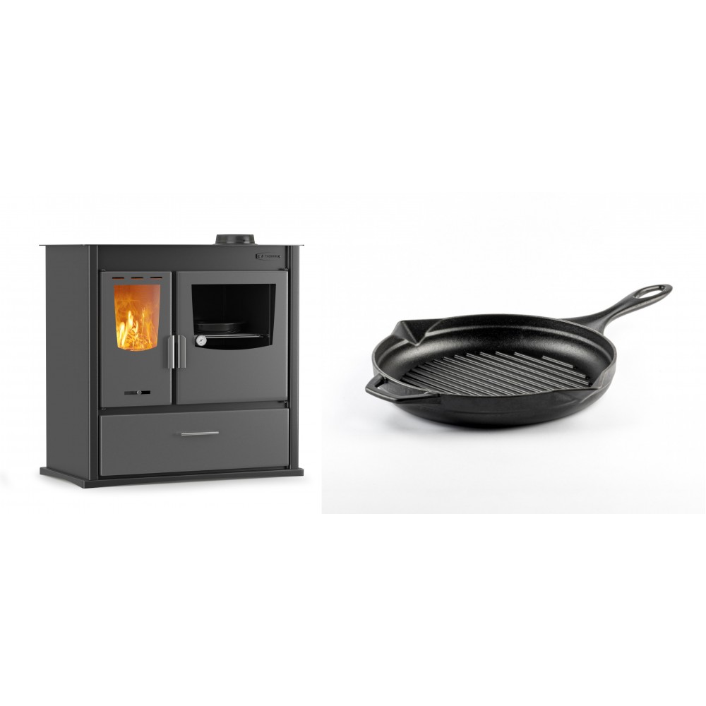 Set Küchenofen / Küchenhexe mit Backofen und Kochplatte Velmora Fire ATS ΜΑSΙΝΑ PLUS 900, 12.15kW + Emaillierte grillpfanne Gusseisen Solagio, Black Onyx, Ф24cm | Holzofen | Kaminofen |