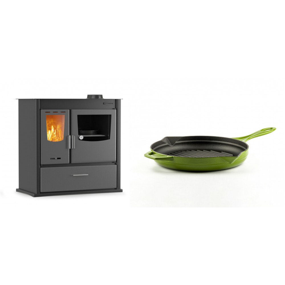 Set Küchenofen / Küchenhexe mit Backofen und Kochplatte Velmora Fire ATS ΜΑSΙΝΑ PLUS 900, 12.15kW + Emaillierte grillpfanne Gusseisen Solagio, Bamboo, Ф24cm | Holzofen | Kaminofen |