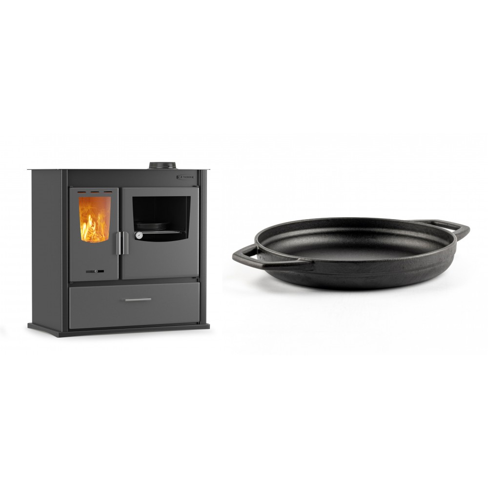 Set Küchenofen / Küchenhexe mit Backofen und Kochplatte Velmora Fire ATS ΜΑSΙΝΑ PLUS 900, 12.15kW + Emaillierte gusseisenpfanne mit zwei Griffen Solagio, Black Onyx, Ф22cm