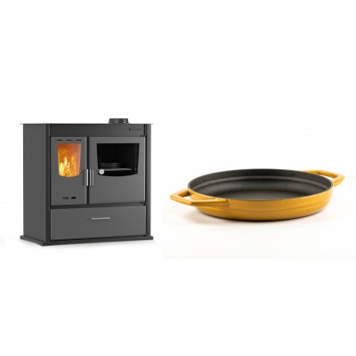 Set Küchenofen / Küchenhexe mit Backofen und Kochplatte Velmora Fire ATS ΜΑSΙΝΑ PLUS 900, 12.15kW + Emaillierte gusseisenpfanne mit zwei Griffen Solagio, Dijon, Ф22cm - Kaminofen - Holzofen mit Backfach