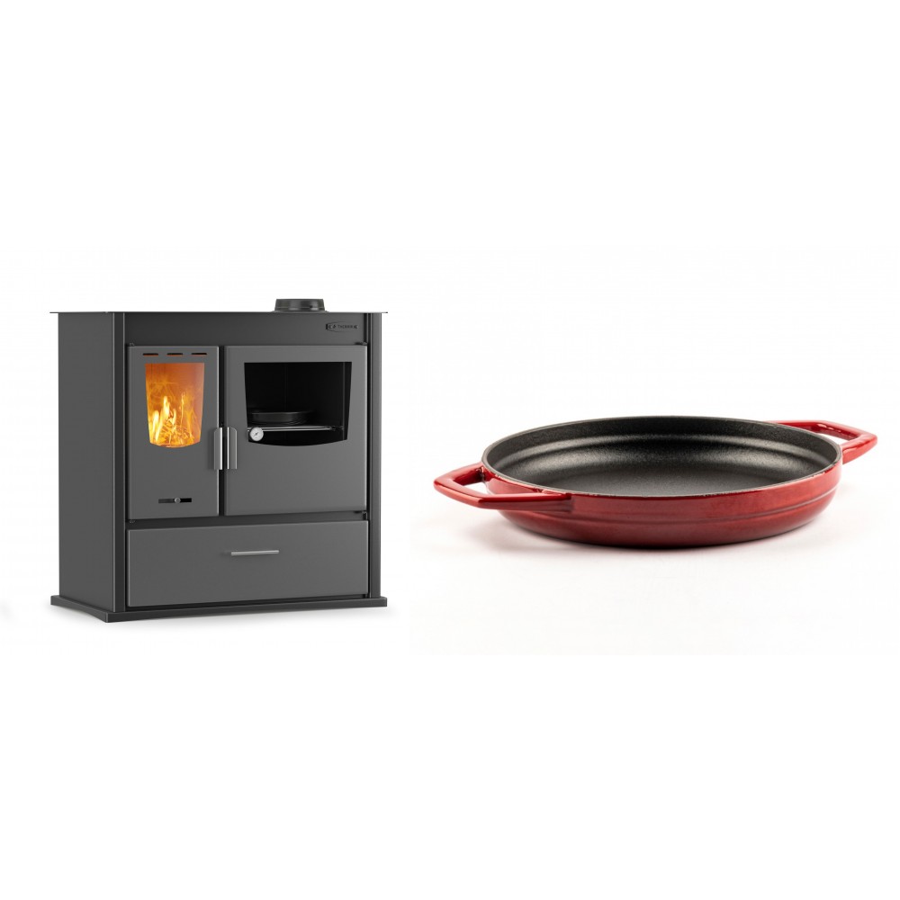 Set Küchenofen / Küchenhexe mit Backofen und Kochplatte Velmora Fire ATS ΜΑSΙΝΑ PLUS 900, 12.15kW + Emaillierte gusseisenpfanne mit zwei Griffen Solagio, Rubin, Ф22cm