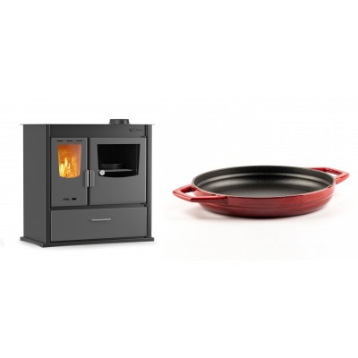 Set Küchenofen / Küchenhexe mit Backofen und Kochplatte Velmora Fire ATS ΜΑSΙΝΑ PLUS 900, 12.15kW + Emaillierte gusseisenpfanne mit zwei Griffen Solagio, Rubin, Ф22cm - Kaminofen - Holzofen mit Backfach