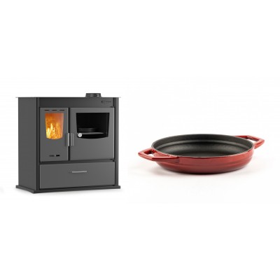 Set Küchenofen / Küchenhexe mit Backofen und Kochplatte Velmora Fire ATS ΜΑSΙΝΑ PLUS 900, 12.15kW + Emaillierte gusseisenpfanne mit zwei Griffen Solagio, Rubin, Ф19cm - Kaminofen - Holzofen mit Backfach