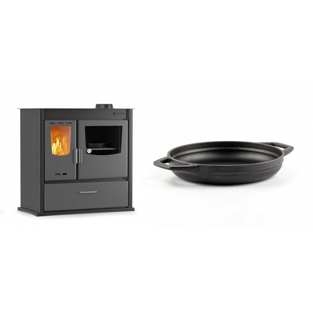 Set Küchenofen / Küchenhexe mit Backofen und Kochplatte Velmora Fire ATS ΜΑSΙΝΑ PLUS 900, 12.15kW + Emaillierte gusseisenpfanne mit zwei Griffen Solagio, Black Onyx, Ф19cm | Holzofen | Kaminofen |