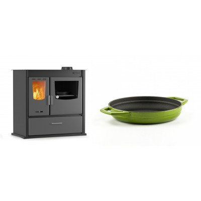 Set Küchenofen / Küchenhexe mit Backofen und Kochplatte Velmora Fire ATS ΜΑSΙΝΑ PLUS 900, 12.15kW + Emaillierte gusseisenpfanne mit zwei Griffen Solagio, Bamboo, Ф19cm - Kaminofen - Holzofen mit Backfach