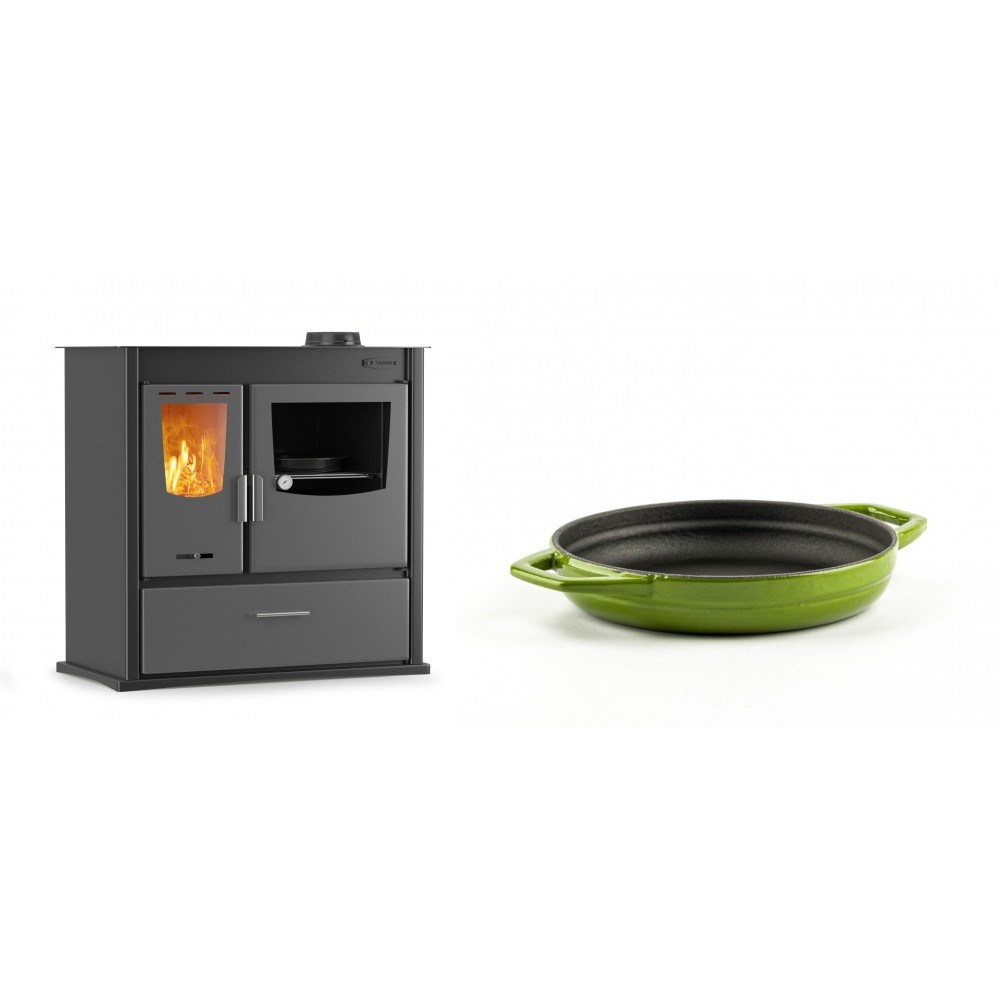 Set Küchenofen / Küchenhexe mit Backofen und Kochplatte Velmora Fire ATS ΜΑSΙΝΑ PLUS 900, 12.15kW + Emaillierte gusseisenpfanne mit zwei Griffen Solagio, Bamboo, Ф16cm | Holzofen | Kaminofen |
