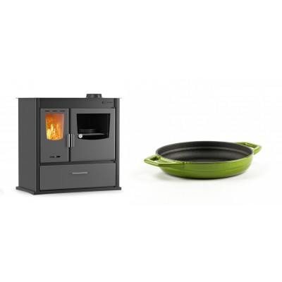 Set Küchenofen / Küchenhexe mit Backofen und Kochplatte Velmora Fire ATS ΜΑSΙΝΑ PLUS 900, 12.15kW + Emaillierte gusseisenpfanne mit zwei Griffen Solagio, Bamboo, Ф16cm - Kaminofen - Holzofen mit Backfach
