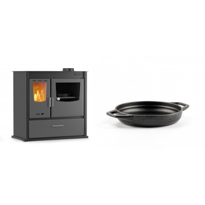 Set Küchenofen / Küchenhexe mit Backofen und Kochplatte Velmora Fire ATS ΜΑSΙΝΑ PLUS 900, 12.15kW + Emaillierte gusseisenpfanne mit zwei Griffen Solagio, Black Onyx, Ф16cm - Kaminofen - Holzofen mit Backfach