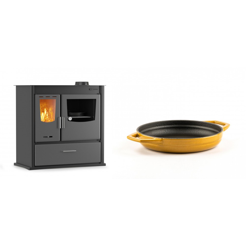 Set Küchenofen / Küchenhexe mit Backofen und Kochplatte Velmora Fire ATS ΜΑSΙΝΑ PLUS 900, 12.15kW + Emaillierte gusseisenpfanne mit zwei Griffen Solagio, Dijon, Ф16cm