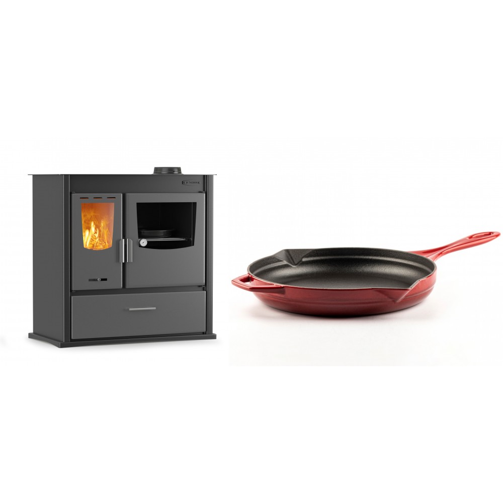 Set Küchenofen / Küchenhexe mit Backofen und Kochplatte Velmora Fire ATS ΜΑSΙΝΑ PLUS 900, 12.15kW + Emaillierte Gusseisenpfanne Solagio, Rubin, Ф28cm