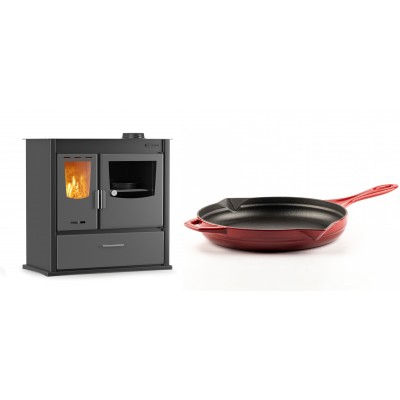 Set Küchenofen / Küchenhexe mit Backofen und Kochplatte Velmora Fire ATS ΜΑSΙΝΑ PLUS 900, 12.15kW + Emaillierte Gusseisenpfanne Solagio, Rubin, Ф28cm - Kaminofen - Holzofen mit Backfach