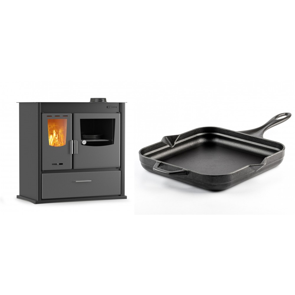 Set Küchenofen / Küchenhexe mit Backofen und Kochplatte Velmora Fire ATS ΜΑSΙΝΑ PLUS 900, 12.15kW + Emaillierte Gusseisenpfanne Solagio, Black Onyx, 28x28cm