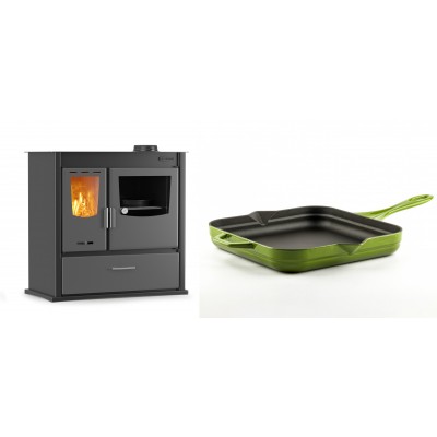 Set Küchenofen / Küchenhexe mit Backofen und Kochplatte Velmora Fire ATS ΜΑSΙΝΑ PLUS 900, 12.15kW + Emaillierte Gusseisenpfanne Solagio, Bamboo, 28x28cm - Kaminofen - Holzofen mit Backfach