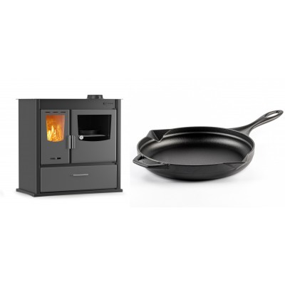 Set Küchenofen / Küchenhexe mit Backofen und Kochplatte Velmora Fire ATS ΜΑSΙΝΑ PLUS 900, 12.15kW + Emaillierte Gusseisenpfanne Solagio, Black Onyx, Ф28cm - Kaminofen - Holzofen mit Backfach