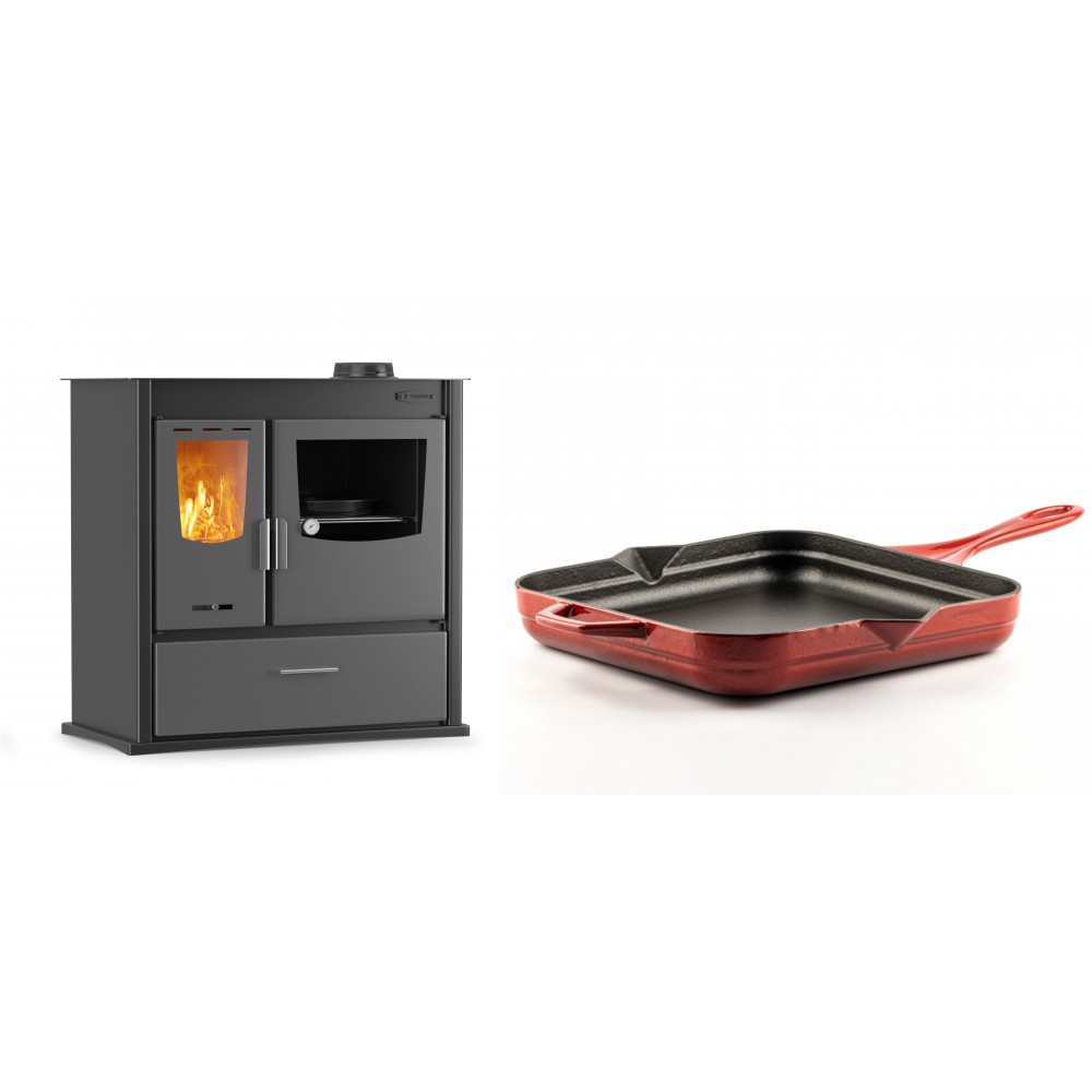 Set Küchenofen / Küchenhexe mit Backofen und Kochplatte Velmora Fire ATS ΜΑSΙΝΑ PLUS 900, 12.15kW + Emaillierte Gusseisenpfanne Solagio, Rubin, 28x28cm