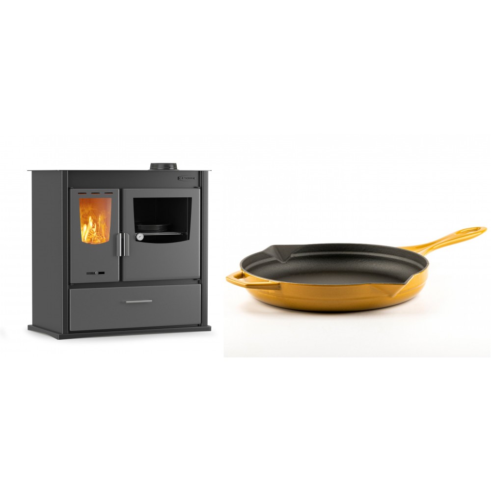 Set Küchenofen / Küchenhexe mit Backofen und Kochplatte Velmora Fire ATS ΜΑSΙΝΑ PLUS 900, 12.15kW + Emaillierte Gusseisenpfanne Solagio, Dijon, Ф28cm | Holzofen | Kaminofen |