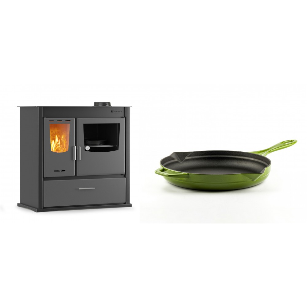 Set Küchenofen / Küchenhexe mit Backofen und Kochplatte Velmora Fire ATS ΜΑSΙΝΑ PLUS 900, 12.15kW + Emaillierte Gusseisenpfanne Solagio, Bamboo, Ф24cm
