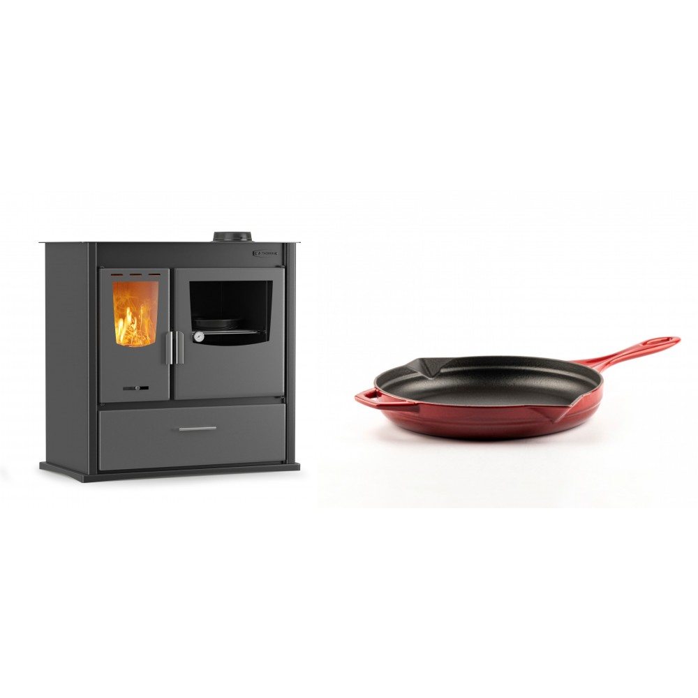 Set Küchenofen / Küchenhexe mit Backofen und Kochplatte Velmora Fire ATS ΜΑSΙΝΑ PLUS 900, 12.15kW + Emaillierte Gusseisenpfanne Solagio, Rubin, Ф24cm | Holzofen | Kaminofen |