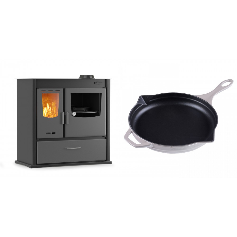 Set Küchenofen / Küchenhexe mit Backofen und Kochplatte Velmora Fire ATS ΜΑSΙΝΑ PLUS 900, 12.15kW + Emaillierte Gusseisenpfanne Solagio, Ivory, Ф28cm