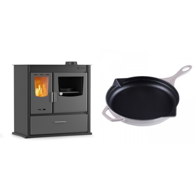 Set Küchenofen / Küchenhexe mit Backofen und Kochplatte Velmora Fire ATS ΜΑSΙΝΑ PLUS 900, 12.15kW + Emaillierte Gusseisenpfanne Solagio, Ivory, Ф28cm - Kaminofen - Holzofen mit Backfach
