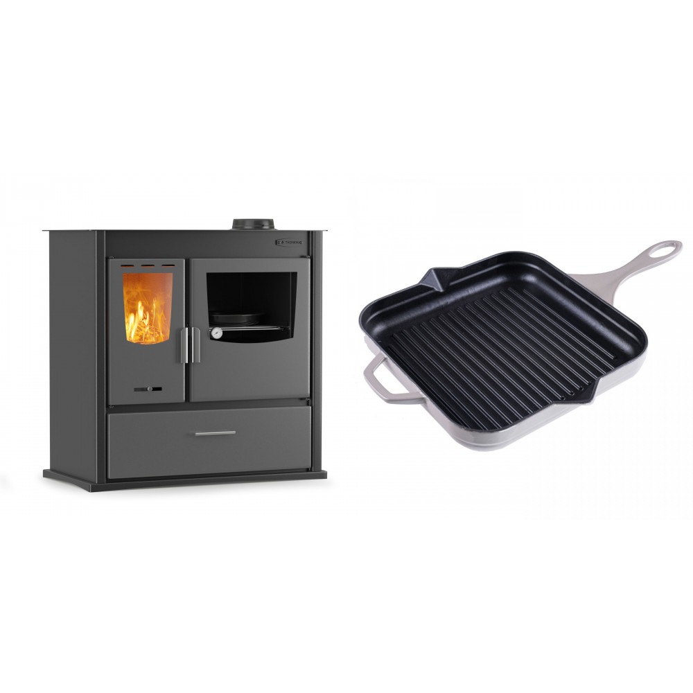 Set Küchenofen / Küchenhexe mit Backofen und Kochplatte Velmora Fire ATS ΜΑSΙΝΑ PLUS 900, 12.15kW + Emaillierte grillpfanne Gusseisen Solagio, Ivory, 28x28cm | Holzofen | Kaminofen |