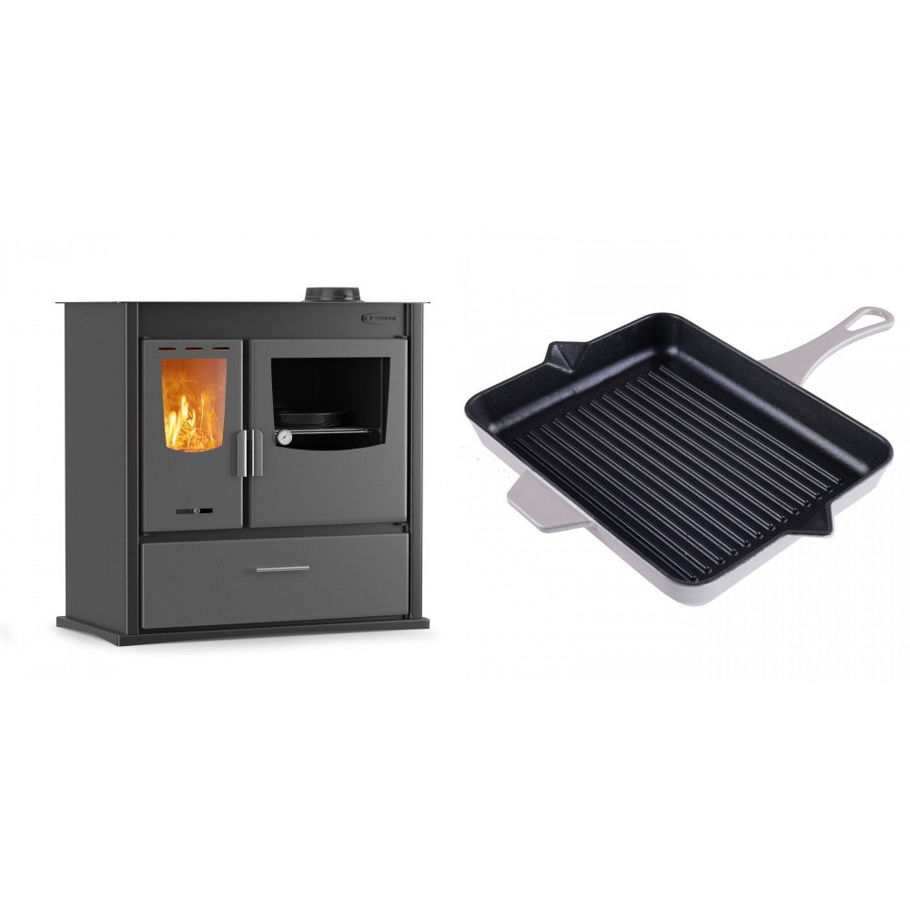 Set Küchenofen / Küchenhexe mit Backofen und Kochplatte Velmora Fire ATS ΜΑSΙΝΑ PLUS 900, 12.15kW + Emaillierte grillpfanne Gusseisen Solagio, Ivory, 26x32cm
