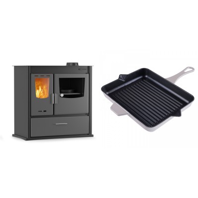 Set Küchenofen / Küchenhexe mit Backofen und Kochplatte Velmora Fire ATS ΜΑSΙΝΑ PLUS 900, 12.15kW + Emaillierte grillpfanne Gusseisen Solagio, Ivory, 26x32cm - Kaminofen - Holzofen mit Backfach
