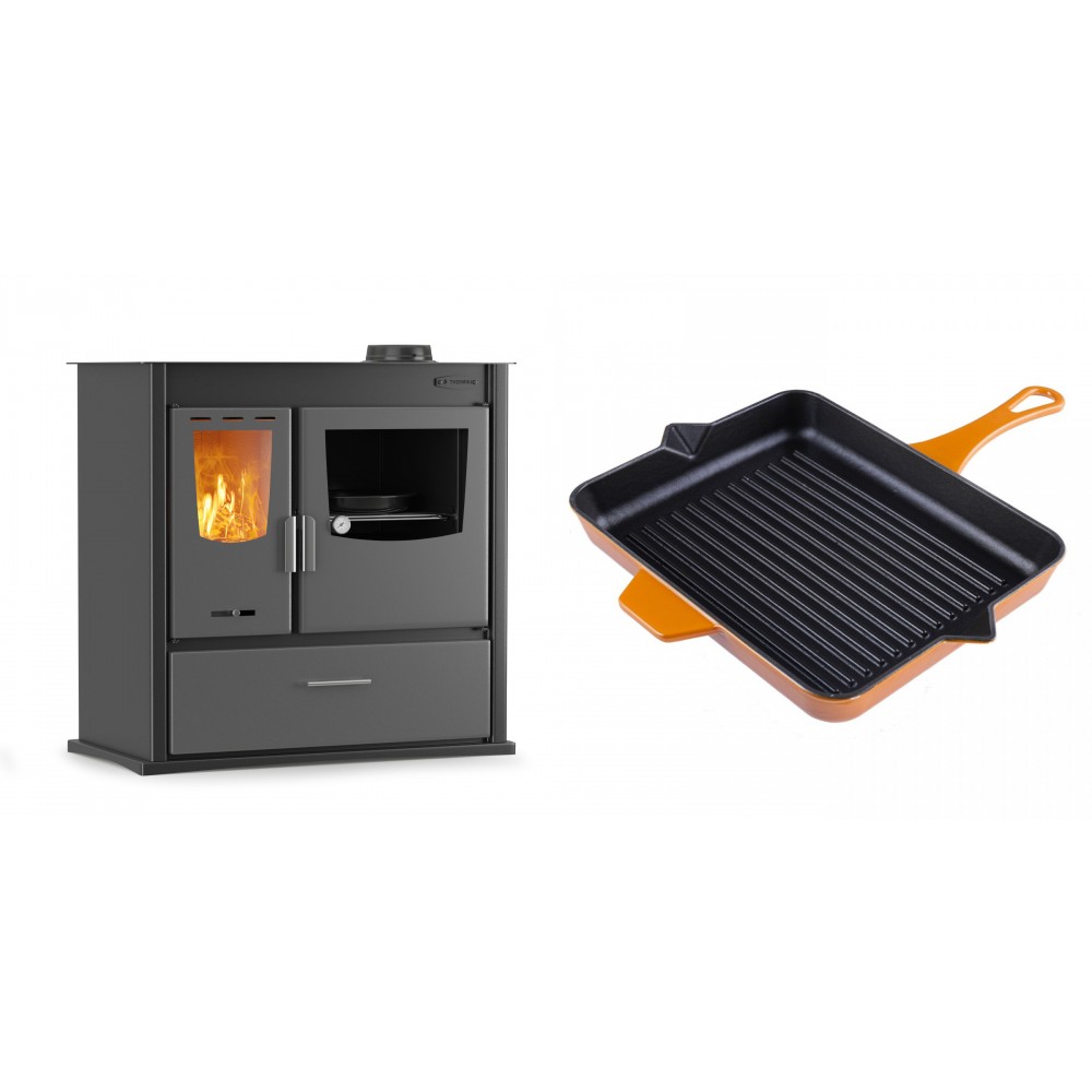 Set Küchenofen / Küchenhexe mit Backofen und Kochplatte Velmora Fire ATS ΜΑSΙΝΑ PLUS 900, 12.15kW + Emaillierte grillpfanne Gusseisen Solagio, Dijon, 26x32cm
