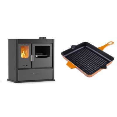 Set Küchenofen / Küchenhexe mit Backofen und Kochplatte Velmora Fire ATS ΜΑSΙΝΑ PLUS 900, 12.15kW + Emaillierte grillpfanne Gusseisen Solagio, Dijon, 26x32cm - Kaminofen - Holzofen mit Backfach