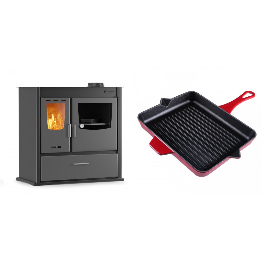 Set Küchenofen / Küchenhexe mit Backofen und Kochplatte Velmora Fire ATS ΜΑSΙΝΑ PLUS 900, 12.15kW + Emaillierte grillpfanne Gusseisen Solagio, Rubin, 26x32cm