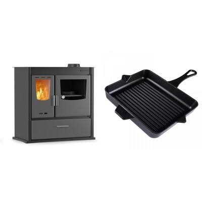 Set Küchenofen / Küchenhexe mit Backofen und Kochplatte Velmora Fire ATS ΜΑSΙΝΑ PLUS 900, 12.15kW + Emaillierte grillpfanne Gusseisen Solagio, Black Onyx, 26x32cm - Kaminofen - Holzofen mit Backfach