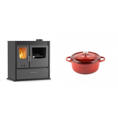 Set Küchenofen / Küchenhexe mit Backofen und Kochplatte Velmora Fire ATS ΜΑSΙΝΑ PLUS 900, 12.15kW + Gusseisen Topf Tiefer Solagio, Rubin, Ф12 - Kaminofen - Holzofen mit Backfach