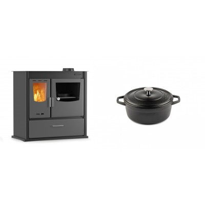Set Küchenofen / Küchenhexe mit Backofen und Kochplatte Velmora Fire ATS ΜΑSΙΝΑ PLUS 900, 12.15kW + Gusseisen Topf Tiefer Solagio, Black Onyx, Ф12 - Kaminofen - Holzofen mit Backfach