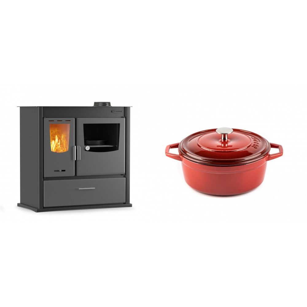 Set Küchenofen / Küchenhexe mit Backofen und Kochplatte Velmora Fire ATS ΜΑSΙΝΑ PLUS 900, 12.15kW + Gusseisen Topf Tiefer Solagio, Rubin, Ф20