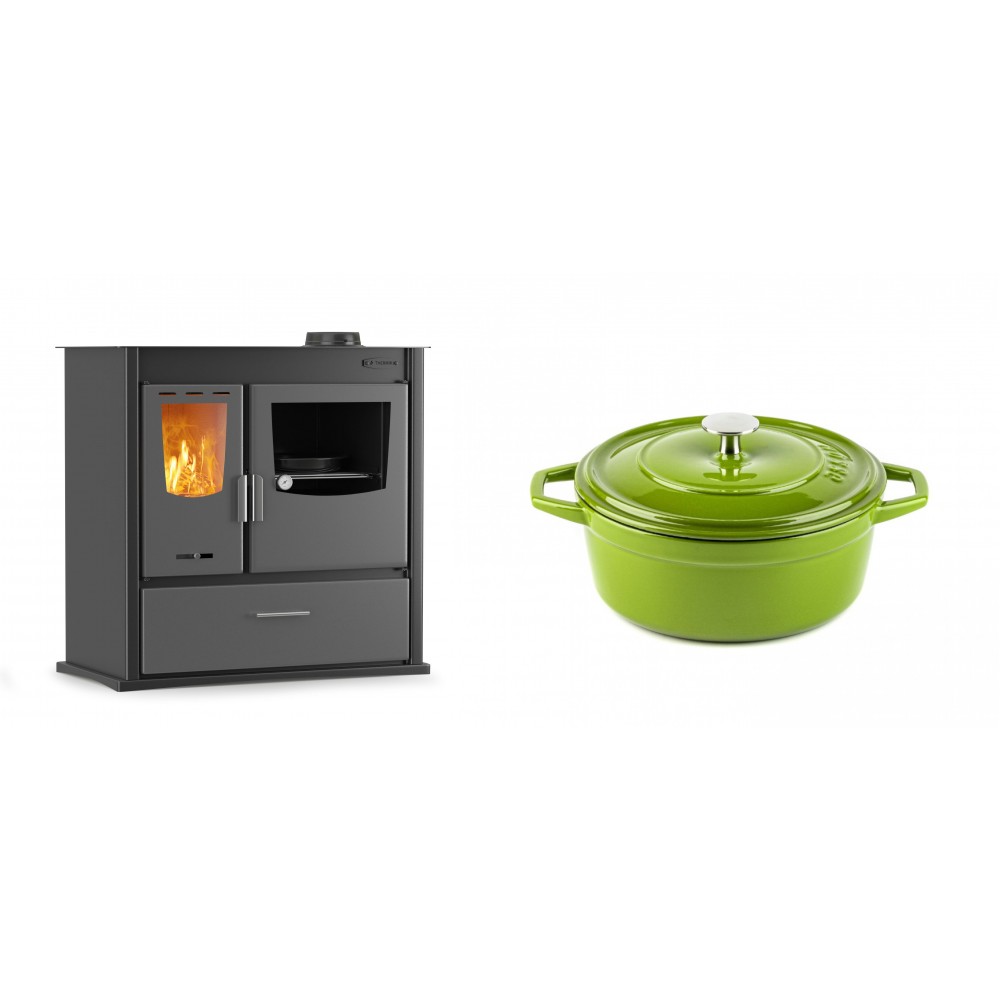 Set Küchenofen / Küchenhexe mit Backofen und Kochplatte Velmora Fire ATS ΜΑSΙΝΑ PLUS 900, 12.15kW + Gusseisen Topf Tiefer Solagio, Bamboo, Ф20