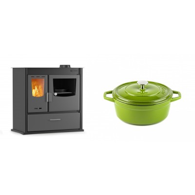 Set Küchenofen / Küchenhexe mit Backofen und Kochplatte Velmora Fire ATS ΜΑSΙΝΑ PLUS 900, 12.15kW + Gusseisen Topf Tiefer Solagio, Bamboo, Ф20 - Kaminofen - Holzofen mit Backfach