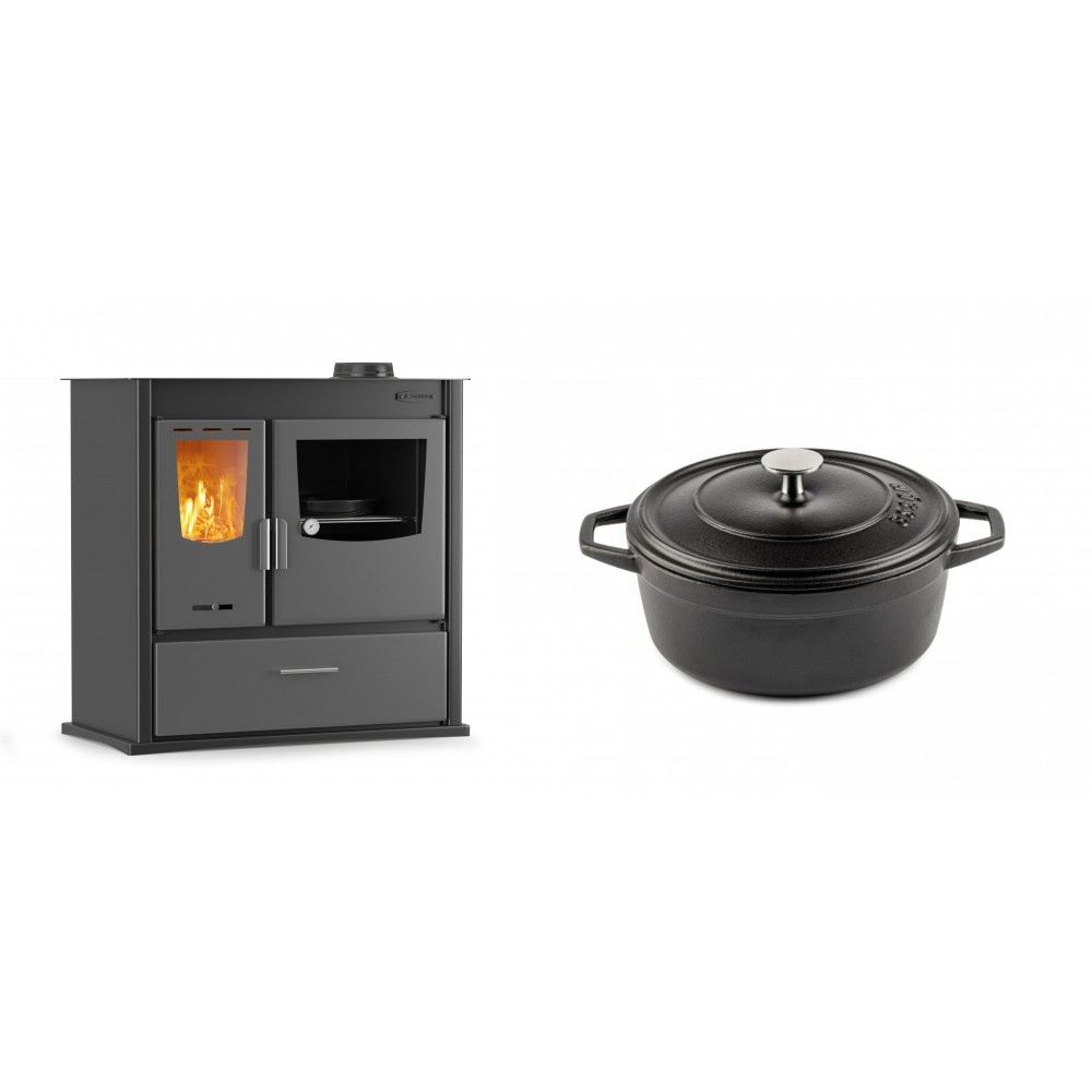 Set Küchenofen / Küchenhexe mit Backofen und Kochplatte Velmora Fire ATS ΜΑSΙΝΑ PLUS 900, 12.15kW + Gusseisen Topf Tiefer Solagio, Black Onyx, Ф20 | Holzofen | Kaminofen |