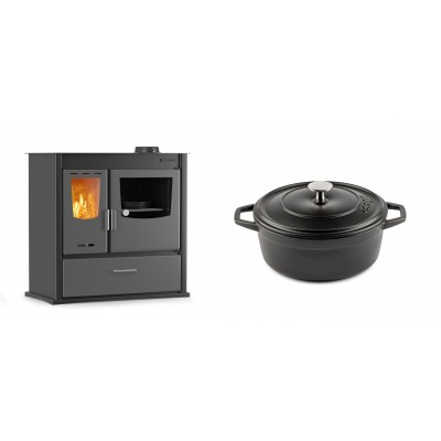 Set Küchenofen / Küchenhexe mit Backofen und Kochplatte Velmora Fire ATS ΜΑSΙΝΑ PLUS 900, 12.15kW + Gusseisen Topf Tiefer Solagio, Black Onyx, Ф20 - Kaminofen - Holzofen mit Backfach