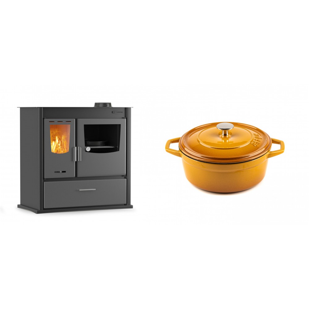 Set Küchenofen / Küchenhexe mit Backofen und Kochplatte Velmora Fire ATS ΜΑSΙΝΑ PLUS 900, 12.15kW + Gusseisen Topf Tiefer Solagio, Dijon, Ф20 | Holzofen | Kaminofen |