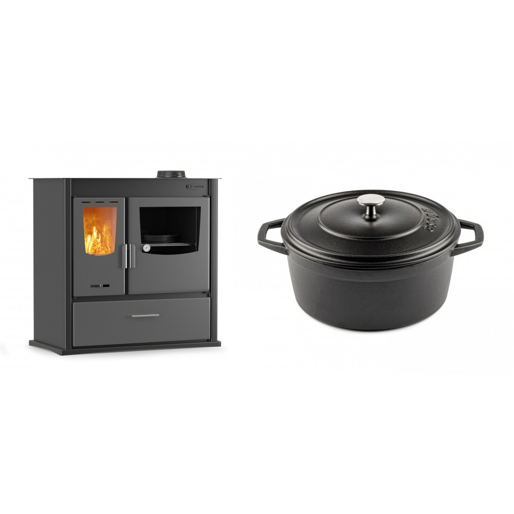 Set Küchenofen / Küchenhexe mit Backofen und Kochplatte Velmora Fire ATS ΜΑSΙΝΑ PLUS 900, 12.15kW + Gusseisen Topf Tiefer Solagio, Black Onyx, Ф24 | Holzofen | Kaminofen |