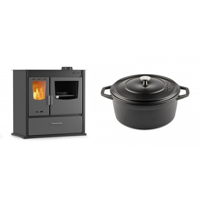 Set Küchenofen / Küchenhexe mit Backofen und Kochplatte Velmora Fire ATS ΜΑSΙΝΑ PLUS 900, 12.15kW + Gusseisen Topf Tiefer Solagio, Black Onyx, Ф24 - Kaminofen - Holzofen mit Backfach