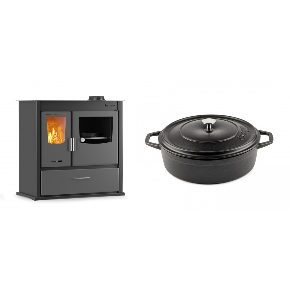 Set Küchenofen / Küchenhexe mit Backofen und Kochplatte Velmora Fire ATS ΜΑSΙΝΑ PLUS 900, 12.15kW + Gusseisen Topf Flach Solagio, Black Onyx, Ф26