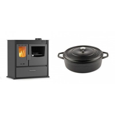 Set Küchenofen / Küchenhexe mit Backofen und Kochplatte Velmora Fire ATS ΜΑSΙΝΑ PLUS 900, 12.15kW + Gusseisen Topf Flach Solagio, Black Onyx, Ф26 - Kaminofen - Holzofen mit Backfach