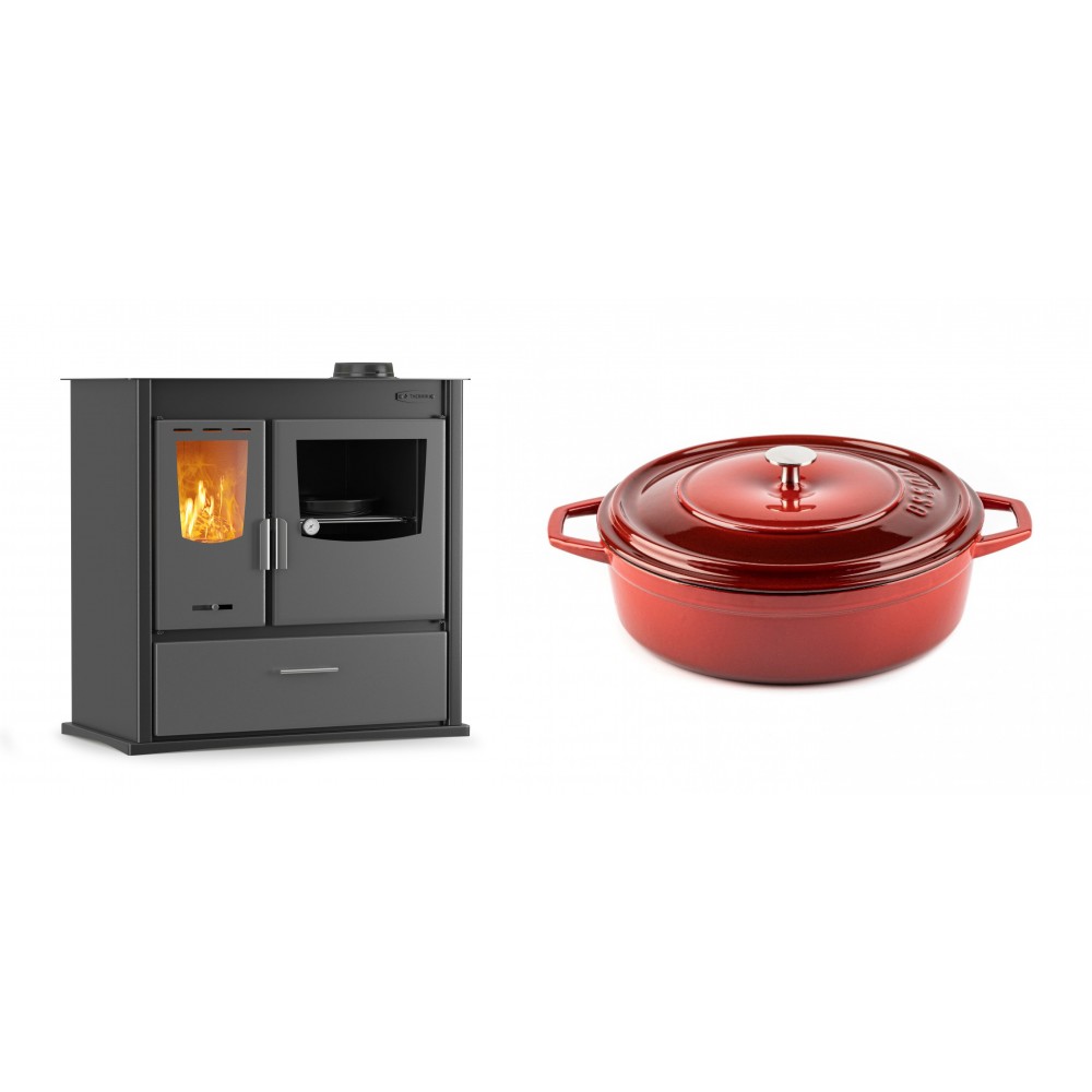 Set Küchenofen / Küchenhexe mit Backofen und Kochplatte Velmora Fire ATS ΜΑSΙΝΑ PLUS 900, 12.15kW + Gusseisen Topf Flach Solagio, Rubin, Ф26 | Holzofen | Kaminofen |