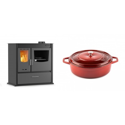 Set Küchenofen / Küchenhexe mit Backofen und Kochplatte Velmora Fire ATS ΜΑSΙΝΑ PLUS 900, 12.15kW + Gusseisen Topf Flach Solagio, Rubin, Ф26 - Kaminofen - Holzofen mit Backfach