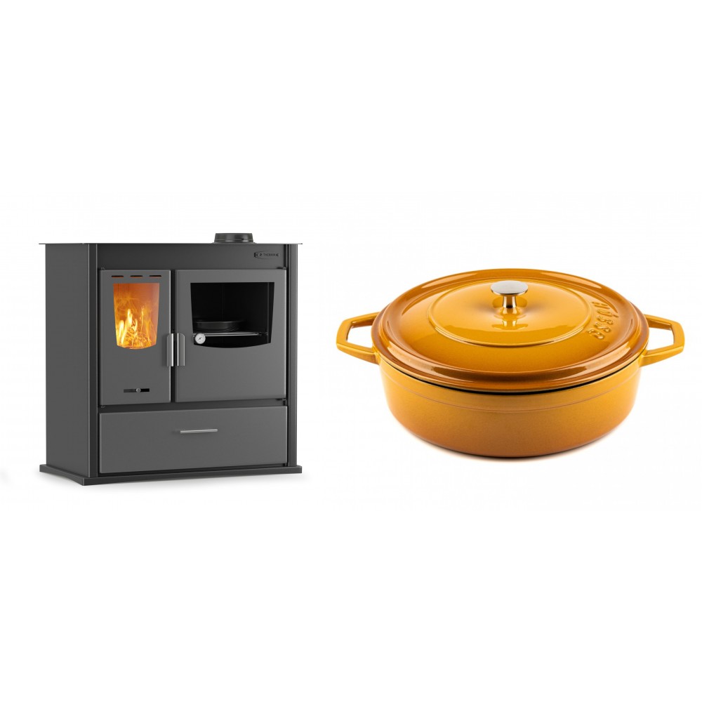 Set Küchenofen / Küchenhexe mit Backofen und Kochplatte Velmora Fire ATS ΜΑSΙΝΑ PLUS 900, 12.15kW + Gusseisen Topf Flach Solagio, Dijon, Ф28