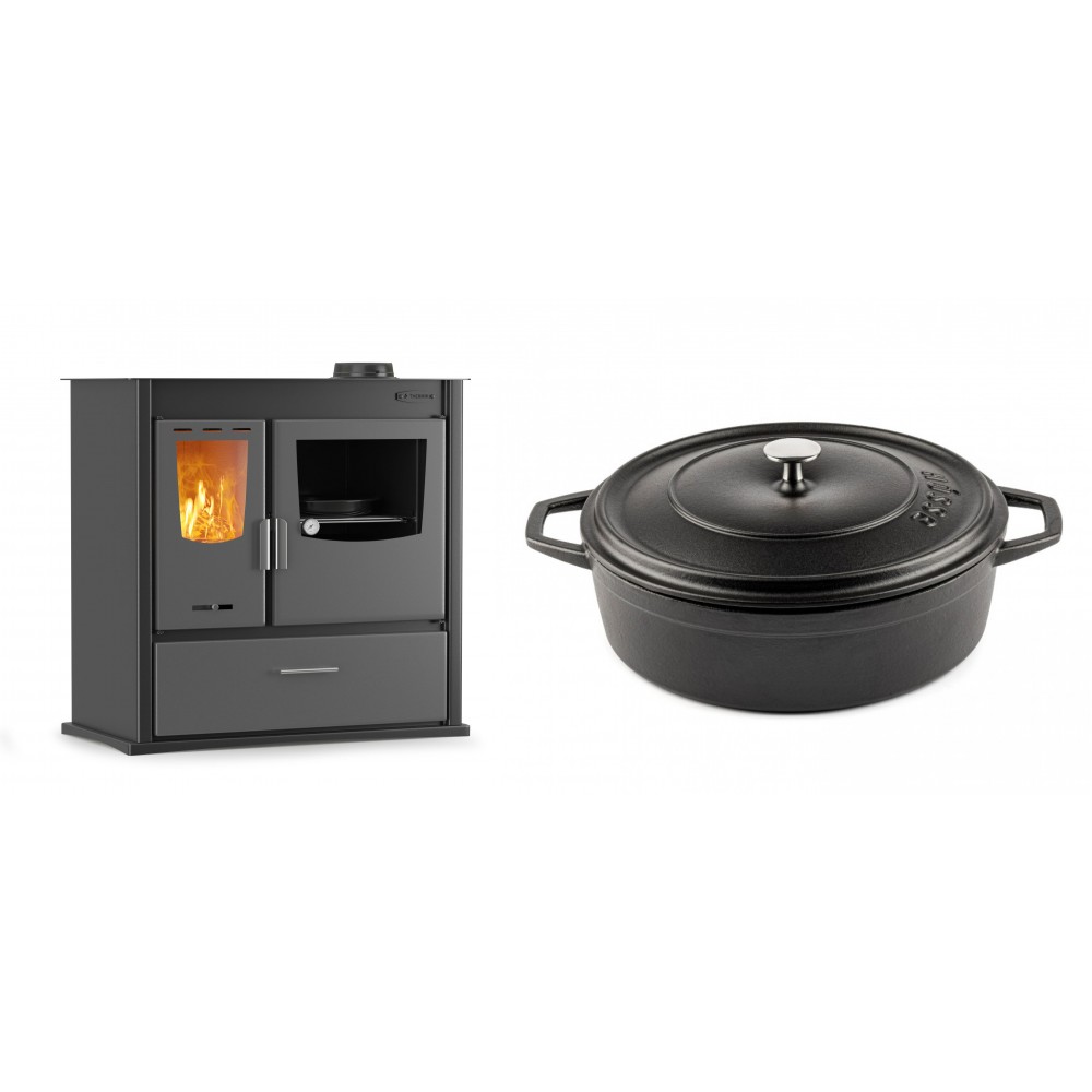 Set Küchenofen / Küchenhexe mit Backofen und Kochplatte Velmora Fire ATS ΜΑSΙΝΑ PLUS 900, 12.15kW + Gusseisen Topf Flach Solagio, Black Onyx, Ф28