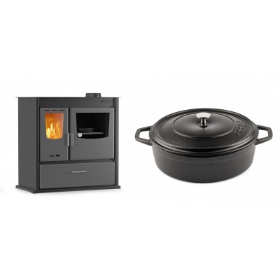 Set Küchenofen / Küchenhexe mit Backofen und Kochplatte Velmora Fire ATS ΜΑSΙΝΑ PLUS 900, 12.15kW + Gusseisen Topf Flach Solagio, Black Onyx, Ф28 - Kaminofen - Holzofen mit Backfach